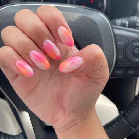 gel nails , colorful nails , pink nails , orange nails , pink and orange , nail inspo , almond nails , simple nails , foggy nails , ombre nails Foggy Nails, Gel Nails Colorful, Pink And Orange Nail Designs, Light Orange Nails, Nails Pink And Orange, Almond Nails Simple, Orange And Pink Nails, Pink And Orange Nail, Pink And Orange Nails