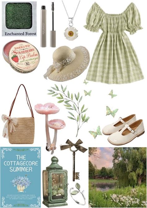 cottagecore Outfit | ShopLook Cottagecore Beach Outfit, Cottagecore Outfits Summer, Cottagecore Beach, General Outfit, Cottagecore Outfit, Strawberry Lip Balm, Light Green Dress, Natural Mascara, Pink Mushroom