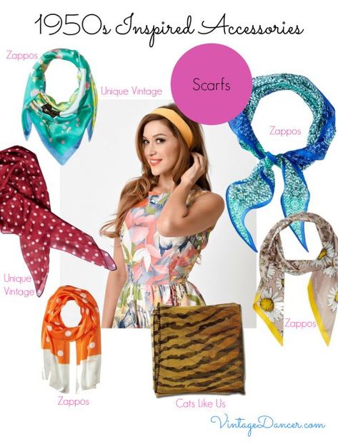 1950s hair scarves. Choose from a host of colors and patterns to accessorize your outfit with. VintageDancer.com/1950s 50s Fashion Aesthetic, 1950s Accessories, 1950s Hairstyles, History Fashion, Boots Women Fashion, Rockabilly Fashion, Retro Hairstyles, Vintage Scarf, Vintage Pinup