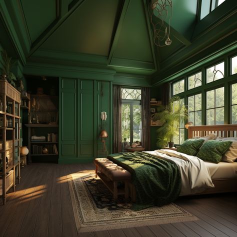 Green Fantasy Bedroom, Green Theme House, Green Dorm Aesthetic, Slytherin Themed Bedroom, Slytherin Aesthetic Bedroom, Forest Green Bedrooms, Dark Green Rooms, Royal Bedroom, Cool Dorm Rooms