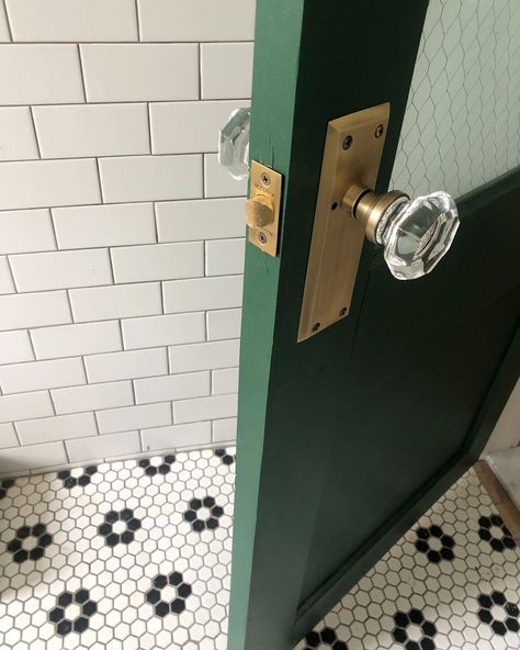 Brownstone Boys on Instagram: “Our #DIY vintage bathroom door is almost complete! We’re so thankful businesses such as @houseofantiquehardware exist- this doorknob is…” Vintage Bathroom Door, Diy Vintage Bathroom, Brownstone Boys, Vintage Bathroom Remodel, Craftsman Colors, Sherwin Williams Green, Green Front Doors, Green Kitchen Cabinets, Warm Decor