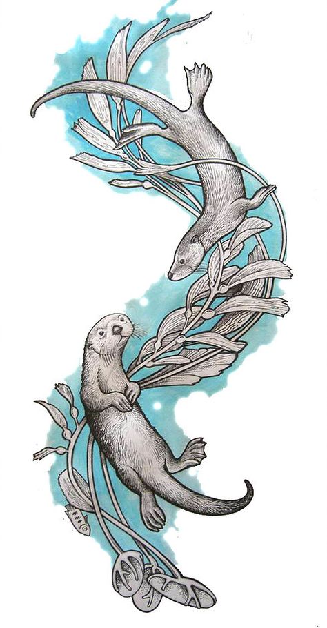 River Otter Illustration, Swan Mural, Siblings Tattoos, Big Tattoos, Otter Tattoo, Otter Drawing, Otter Illustration, Otter Art, Dolphins Tattoo