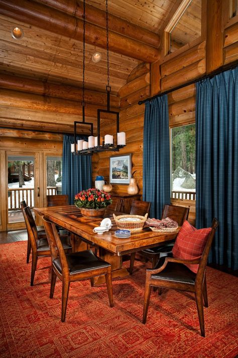 16 Majestic Rustic Dining Room Designs You Cant Miss Out Log Cabin Curtains, Log Cabin Dining Room, Cabin Window Treatments, Cabin Curtains, Dining Room Decor Rustic, Cozy Log Cabin, Cabin Living Room, Rustic Log Cabin, Log Cabin Decor