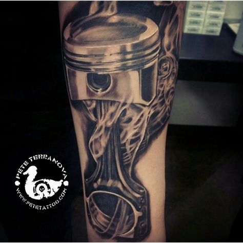 Black and gray piston tattoo Motocross Tattoo, Piston Tattoo, Hot Rod Tattoo, Engine Tattoo, Harley Tattoos, Motor Tattoo, Tool Tattoo, Mechanic Tattoo, Bike Tattoos