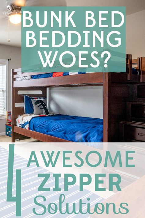 Making the bed on bunk beds is a total pain! These 4 awesome zipper solutions will spare you the bunk bed bedding backache. Comforter For Bunk Beds, Bunk Bed Blankets, Bunk Bed Sheet Hacks, How To Make A Bunk Bed Look Nice, How To Make A Bunk Bed, Bunk Bed Comforter Ideas, Bunk Bed Bedding Hacks, Bunk Bed Bedding Ideas, Bunk Bed Privacy Ideas