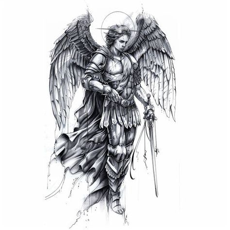 St Michael Tattoo Art Kit St Michael Artwork, St Michael Vs Lucifer Tattoo, Saint Matthew Tattoo, Saint Michael Angel Tattoo, Arch Angel Michael Tattoo Design, St Michael Tattoo Forearm, Arc Angel Michael Tattoo, St Michael Tattoo Design, Angel Michael Tattoo