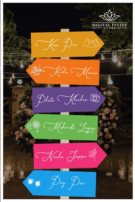 Being an editable Wedding Welcome Signage or quirky decor Sign Indian template for your Indian Wedding decor signage instant download, this set saves busy brides valuable wedding-prep time, while still giving you the complete Indian Wedding welcome template & stationery of your dreams for your colorful & fun Wedding Entry Sign Mehndi! Mendhi Signs, Direction Signage, Dholki Decor, Wedding Direction Signs, Unique Wedding Signs, Sangeet Night, Wedding Sign Decor, Mehendi Decor, Reception Sign