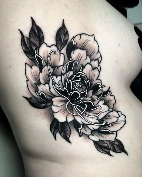 Black White Peony Tattoo, Gothic Peony Tattoo, Dark Peony Tattoo, Black And White Peony Tattoo, Neo Traditional Peony Tattoo, Blackwork Peony Tattoo, Dark Flowers Tattoo, Black Peony Tattoo, Neo Traditional Peony