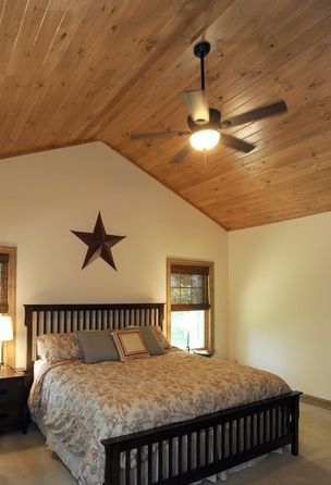 Bedroom with knotty pine ceiling Knotty Pine Ceiling, Pine Ceiling, Knotty Pine Walls, Pine Bedroom, Tongue And Groove Ceiling, Cabin Bedroom, Pine Walls, Bedroom Cabin, Knotty Pine