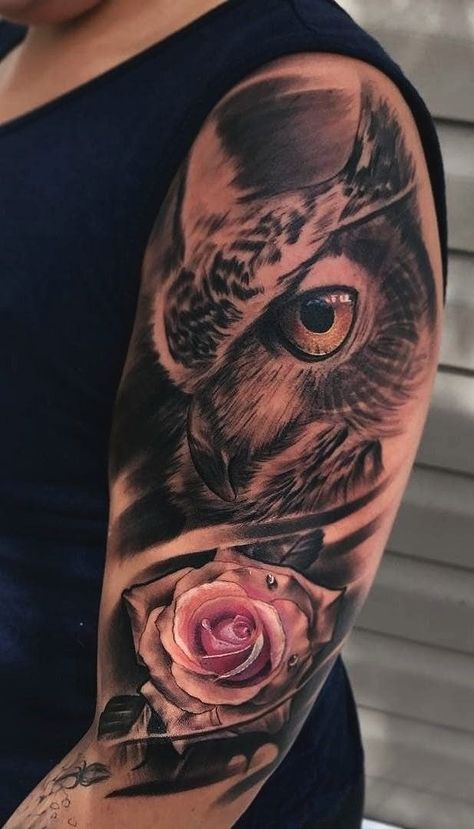 Owl Sleeve Tattoo, Owl Tattoo Back, Owl Forearm Tattoo, Owl Eye Tattoo, Owl Tattoo Sleeve, Owl Tattoo Drawings, Dragon Tattoo Ideas, Rose Drawing Tattoo, Wolf Tattoo Sleeve