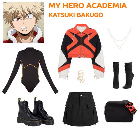 Unleash your inner hero with this explosive ensemble inspired by Katsuki Bakugo from My Hero Academia! The highlight is a jacket reminiscent of his hero uniform, exuding his fierce determination. A cargo skirt and Doc Martens amplify his edgy style, while the orange and black color scheme pays homage to his signature look. Channel Bakugo's fiery spirit and showcase your own heroism with this Katsuki Bakugo-inspired outfit. 💥🔥 Cute Outfits Anime Inspired, Bakugo Casual Clothes, Outfits Inspired By Mha Characters, My Hero Academia Outfits Ideas, My Hero Academia Inspired Outfits, Bakugou Inspired Outfit, Bakugo Outfit Ideas, Bakugo Fashion, Bakugo Inspired Outfit