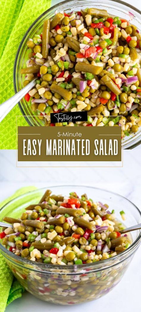 5-Minute Easy Marinated Salad via @tastillyb Easy Tossed Salad, Pot Luck Salads, Marinade Salad, Salad In A Jar Recipes, Marinated Vegetable Salad, Veggie Marinade, Salad Fixings, Marinated Salad, Quick Salad Recipes