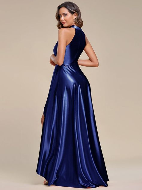 This elegant belly collar high-low A-line satin halter bridesmaid dress exudes timeless charm and sophistication. Perfect for weddings and formal occasions, its high-low hemline adds a touch of playfulness, while the satin material drapes beautifully, creating a flattering silhouette. Make a lasting impression as you walk down the aisle or dance the night away in this stunning dress. Fit: Please refer to size chart. Length: Short/High-low. Sleeve Style: Sleeveless. Closure: It is concealed a zip Halter Bridesmaid Dress, Affordable Bridesmaid Dresses, Wedding Aesthetic, Satin Bridesmaid Dresses, Elastane Fabric, Satin Material, Wedding Theme, Bride Dress, Special Occasion Dresses