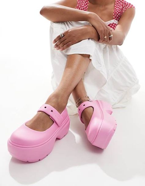 Crocs stomp mary janes in pink | ASOS Crocs Mary Jane, Crocs Wedges, Converse Chuck Taylor White, Genderless Fashion, Flip Flop Boots, Chunky Shoes, Shorts Co Ord, Running Trainers, White Trainers