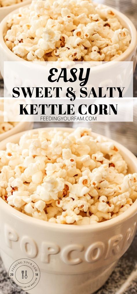 This Sweet and Salty Kettle Corn Recipe is an easy homemade snack made with coconut oil, sugar, salt and popcorn kernels. Skip the movie theater and stay home with a big batch of this deliciousness!! #kettlecorn #homemadepopcorn #popcornrecipes #easypopcorn #homemadepopcorn Homemade Kettle Corn, Kettle Corn Recipe, Popcorn Recipes Sweet, Easy Homemade Snacks, Popcorn Recipes Easy, Salty Popcorn, The Movie Theater, Sweet Popcorn, Homemade Popcorn