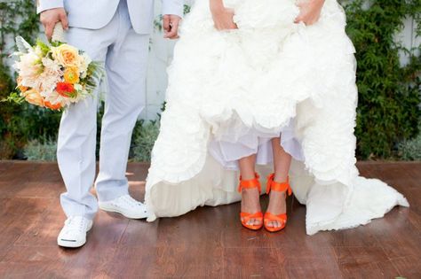 bride wears white wedding dress hot orange heels i love it! Orange Wedding Shoes, Coloured Wedding Shoes, Unique Wedding Shoes, Bright Wedding Colors, Offbeat Wedding, Wedding Help, Heels Wedding, White Wedding Shoes, Bright Wedding