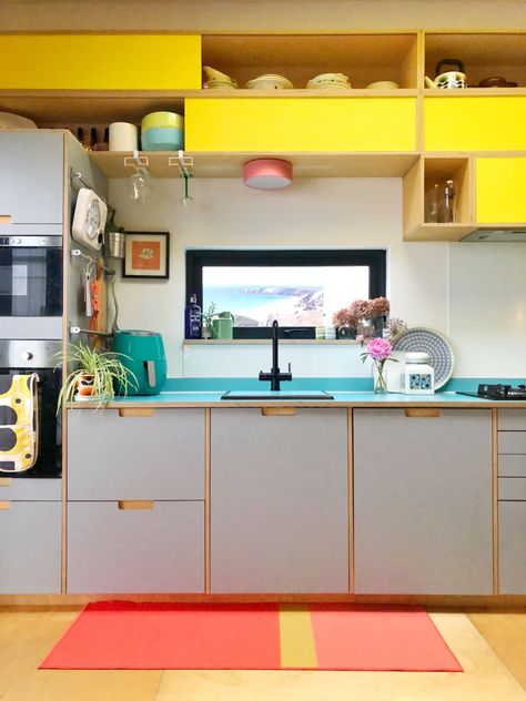 Colorful, Creative UK With Retro-Style Plywood Kitchen | Apartment Therapy Ply Kitchen, Colorful Kitchen Ideas, Colorful Kitchens, Ikea Sinks, Funky Kitchen, Plywood Kitchen, Caravan Interior, Neutral Kitchen, Retro Chair