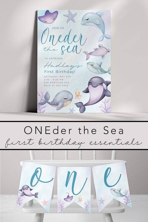 oneder the sea 1st birthday party invitation and decor Under The Sea First Birthday Girl, Oneder The Sea 1st Birthday, Oneder The Sea, Kids Invitation, Noblesville Indiana, First Birthday Girl, Ocean Birthday, Welcome Signs, High Chair Banner