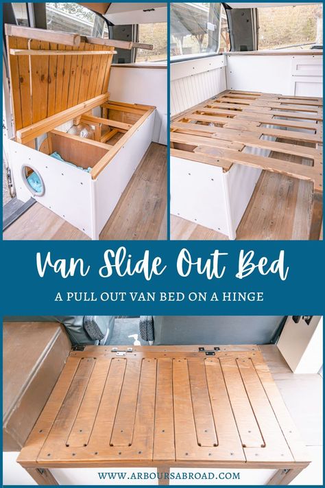 Table To Bed Camper, Camper Bench Bed, Diy Couch For Camper, Diy Slide Out Bed, Slide Out Camper Bed, Small Camper Bed Ideas, Camper Couch To Bed, Camper Folding Bed, Pull Out Camper Bed