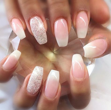 French ombre with glitter accent nail Ombre Nail Art Designs, Emerald Nails, Opal Nails, Glitter Accent Nails, Pink Ombre Nails, Tree Nails, Ombre Nail, Ombre Nails Glitter, Ombre Acrylic Nails