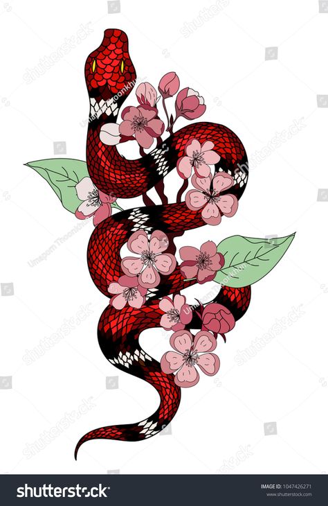 Snack And Flower Tattoo, Red Snake Drawing, Snake Cherry Blossom Tattoo, Snake With Cherry Blossom Tattoo, Snake And Cherry Blossom Tattoo, Asian Snake Tattoo, Chinese Snake Tattoo, Snack Tattoo, Red Snake Tattoo