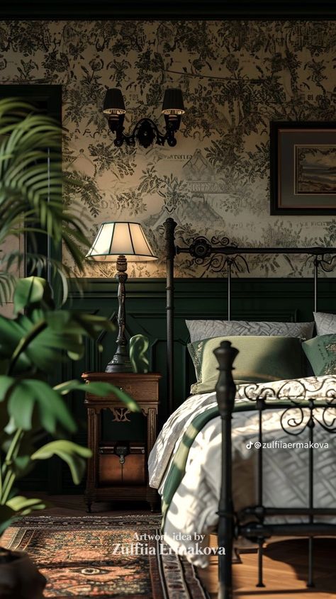 Green Dark Academia Room, Dark Academia Guest Bedroom, Dark Green Wardrobe, Gorgeous Bedrooms Luxury, Dark Master Bedrooms, Dark Green Room Aesthetic, Dark Green Aesthetic Bedroom, Modern Dark Academia Bedroom, Slytherin Room Ideas