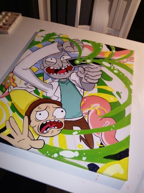 Rick and morty canvas painting Rick And Morty Art Canvas, Trippy Rick And Morty Painting Ideas, Morty Canvas Painting, Rick And Morty Canvas Painting, Rick And Morty Canvas, Rick And Morty Painting, Morty Painting, Room Paintings, Pink Canvas Art