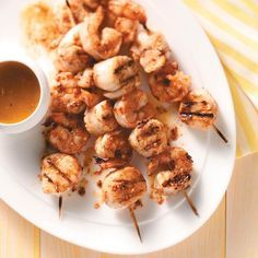 Scallop Skewers, Shrimp Kabobs, Grilled Scallops, Shrimp Scallops, Bbq Shrimp, Kabob Recipes, Scallop Recipes, Spicy Shrimp, Grilled Shrimp