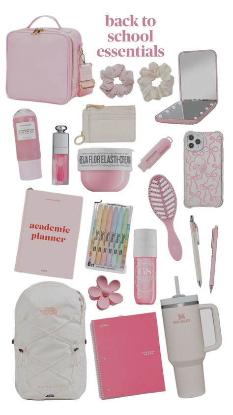 pink>>>> Preppy Items, School Memories Scrapbook, Preppy School Bag, School Backpack Essentials, Artsy Phone Cases, Girl School Supplies, Pretty School Supplies, School Bag Essentials, Backpack Essentials