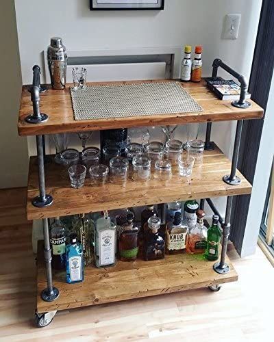 100+ Farmhouse Bar Carts and Rustic Kitchen Carts for your Farmhouse Style Kitchen. We absolutely love farmhouse kitchen island carts and rustic bar carts because they are beautiful and functional. Rustic Bar Cart, Wine Bar Cart, Industrial Bar Cart, Industrial Pipe Furniture, Bar Serving Cart, Wood Bar Cart, Diy Bar Cart, Industrial Diy, Sofa Ottoman