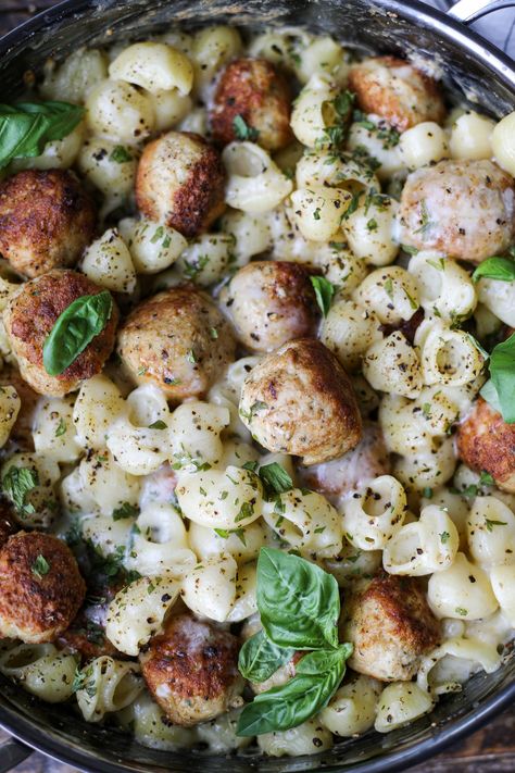 Creamy Baked Pesto Pasta with Chicken Meatballs Pesto Pasta With Chicken, Pesto Pasta Bake, Creamy Pesto Pasta, Pasta With Chicken, Chicken Meatball, Fall Dinners, Chicken Sliders, Creamy Pesto, Pesto Chicken Pasta