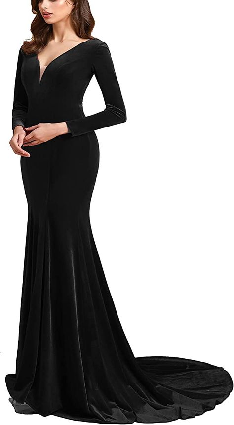 Velvet Prom Dresses, Gown With Long Sleeves, Velvet Prom Dress, Prom Dresses Long Mermaid, Formal Dresses With Sleeves, V Neck Prom Dresses, Evening Party Gowns, Most Beautiful Dresses, Party Gown