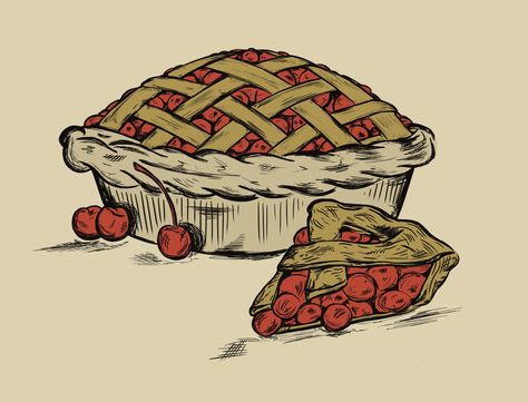 Strawberry Pie Drawing, Cherry Pie Art, Pie Art Illustration, Cherry Pie Illustration, How To Draw A Pie, Pie Side View, Cherry Pie Drawing, Pie Drawing Easy, Pie Reference