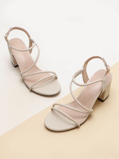 Beige Elegant    Plain Strappy Sandals    Women Shoes Sandal Wisuda, Elegant Shoes Heels, Ankle Strap Chunky Heels, Pretty Sandals, Chunky Heel Sandals, Shoes Heels Classy, Heels Classy, Chunky Heels Sandals, Slingback Sandals