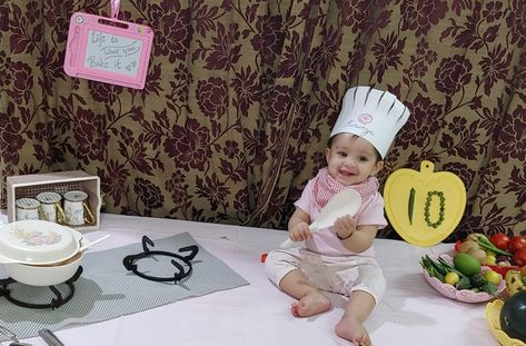 Baby monthly photo shoot at home Baby Chef Photo, Months Photoshoot, Chef Photo, Photo Shoot At Home, Monthly Photoshoot, Baby Chef, Photography At Home, Baby Shoot, Couples Goals