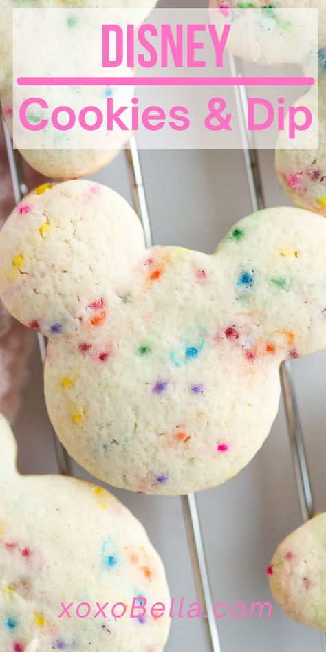 Sprinkle Dip, Disney Sugar Cookies, Disneyland Cookies, Mickey Mouse Sugar Cookies, Mickey Sugar Cookies, Mickey Food, Sugar Cookies With Cream Cheese, Sugar Cookie Cutout Recipe, Disney Camp