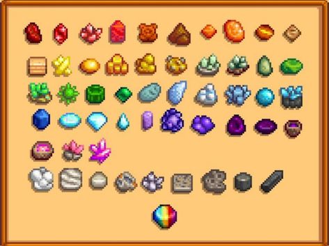 Stardew Rainbow Museum, Stardew Valley Gemstones, Stardew Valley Rainbow Museum, Stardew Valley Color Coded Museum, Stardew Valley Gems, Sdv Museum Layout, Stardew Valley Museum Layout Rainbow, Museum Stardew Valley, Stardew Valley Prismatic Shard