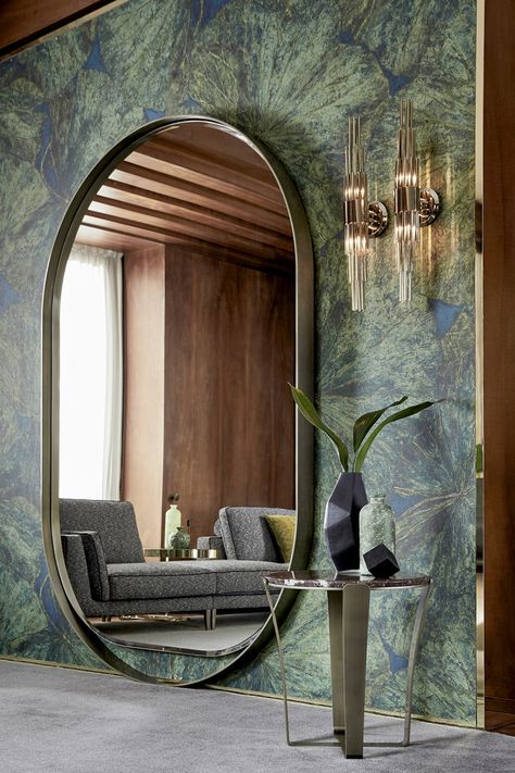 Green Interior Design Rooms for 2022 Entrance Foyer Design, Spiegel Design, Contemporary Wall Lights, Green Interior Design, Stainless Steel Lighting, Wall Lights Bedroom, Foyer Design, Brass Wall Light, Art Deco Architecture