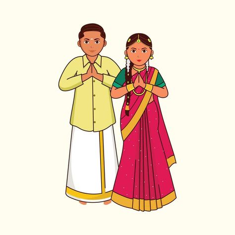 South Indian Tamil Nadu Wedding Couple Greeting Namaste In Traditional Dress Against Cosmic Latte Background. Tamil Nadu, Wedding Couple, Traditional Dress, Traditional Dresses, Wedding Couples, Wearing Dress, Namaste, The South, Vector Art