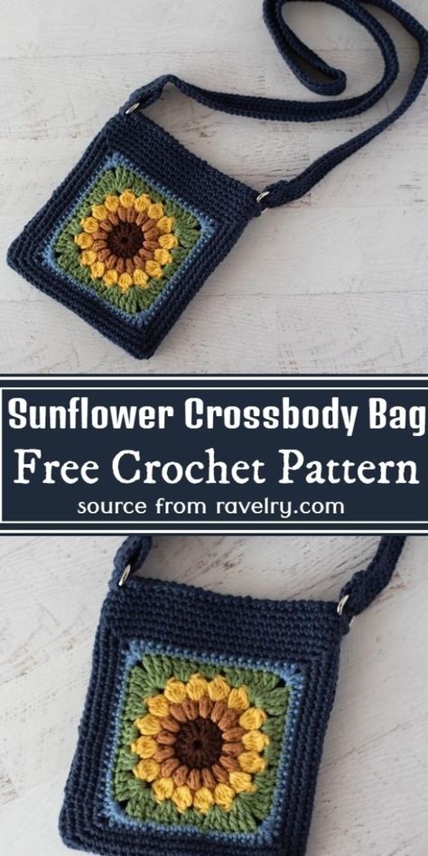 Crochet Sunflower Purse Free Pattern, Sunflower Crochet, Crossbody Bag Pattern, Bags Crochet, Crochet Bag Pattern Free, Bag Pattern Free, Crochet Sunflower, Crochet Handbags Patterns, Haken Baby