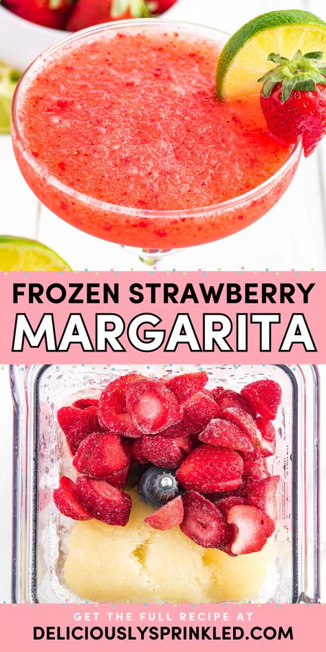 The BEST Frozen Strawberry Margarita! It's the summer drink recipe to keep you cool all season long. Bursting with frozen strawberries, this homemade margarita is also the perfect Memorial Day party drink or alcoholic 4th of July beverage! Summer Mixed Drinks, Strawberry Basil Margarita, Strawberry Margaritas, Frozen Strawberry Margarita, Strawberry Margarita Recipe, Margarita Party, Homemade Margaritas, Fruity Cocktail, Frozen Strawberry