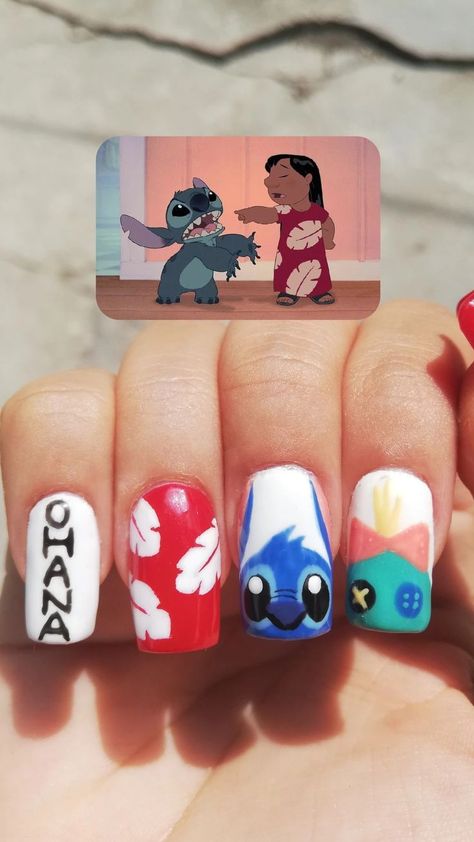 Lilo And Stitch Press On Nails, Lilo And Stitch Nails Acrylic Simple, Stitch Disney Nail Art, Lilo And Stitch Inspired Nails, Moana Nail Designs, Stitch Themed Nails, Easy Stitch Nails, Cute Stitch Nails, Short Stitch Nails