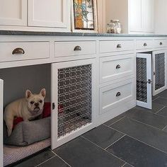 Dog Crate Desk, Laundry Layout, Built In Dog Bed, Dog Nook, Dogs Room, Pet Daycare, Crate Desk, Laundry Floor, Diy Dog Crate