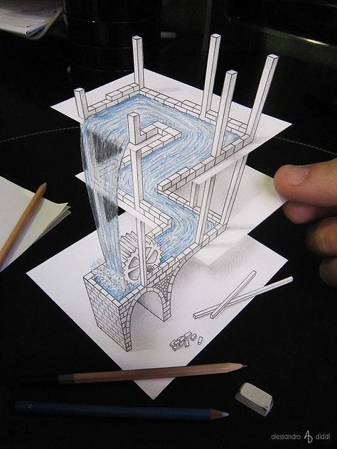 Waterfall - Anamorphic Drawings by Alessandro Diddi 3d Pencil Sketches, Optical Illusions Drawings, 3d Pencil Drawings, Illusion Drawings, Pencil Sketch Images, 3d Art Drawing, 3d Drawings, Illusion Art, Color Pencil Drawing