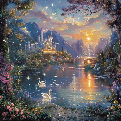 "Enchanted #TwilightSerenity: A tranquil #FantasyLandscape with swans on a lake under a #StarrySky near a majestic #Castle. #AIArt #AIPhoto #StockCake ⬇️ Download and 📝 Prompt 👉 https://stockcake.com/i/enchanted-twilight-serenity_518131_1060196" Majestic Castle, Enchanted Lake, Enchanted Castles, Fantasy Wallpaper, Enchanted Evening, Ocean Painting, Swan Lake, Enchanted Forest, Swans