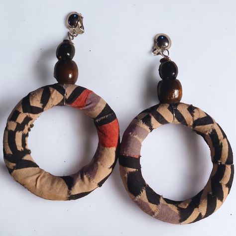 These Are Unique And Beautiful Clip On Style Handmade With Authentic Ankara Fabric And Vintage Wood Beads They Hang 4 Inches The Hoop Portion Is 3 Inches These Are Very Lightweight On The Ear Easy To Wear They Are One Of A Kind These Earrings Are A Classic And Timeless Addition To Any Wardrobe Abstract Fabric, African Accessories, African Earrings, Ankara Fabric, African Jewelry, The Ear, Large Abstract, Vintage Wood, Wood Beads