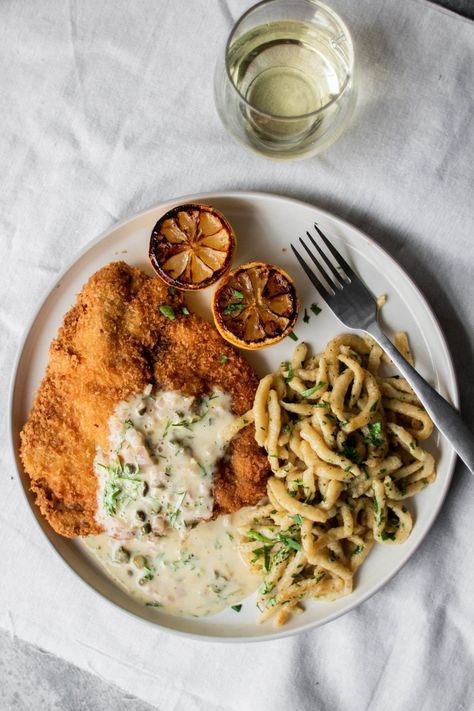 Making pork schnitzel and spaetzle at home doesn't have to be intimidating! You can have this classic European recipe at home in no time! Lemon Caper Sauce, So Much Food, Pork Schnitzel, Recipe Generator, Dill Sauce, Pork Steak, Crispy Pork, European Food, Pork Chops