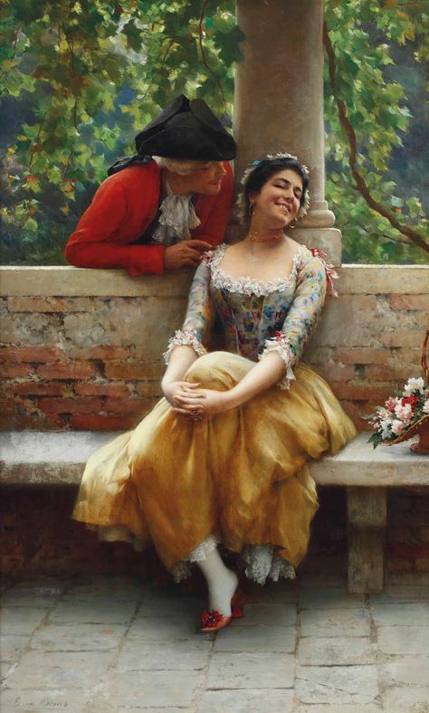 Eugen von Blaas (Albano Laziale 1843-1931 Venice) The flirtation Eugene De Blaas, William Adolphe Bouguereau, Shakti Goddess, Romantic Paintings, Academic Art, 19th Century Art, Garden Spring, Italian Painters, Classic Paintings