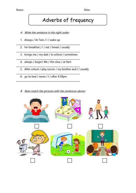 This worksheet aims at practicing the adverbs of frequency by putting the words in the right order to form a sentence. Frequency Worksheet, Adverb Of Frequency, 2nd Grade English, Adverbs Worksheet, Grammar Sentences, Worksheets For Grade 3, Diy Classroom Decorations, Creative Lesson Plans, English Phonics