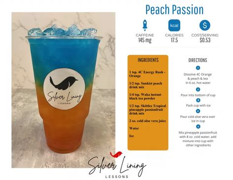 Peach Passion – Silver Lining Lessons Passionfruit Margarita, Silver Lining Lessons, Instant Tea Powder, Lotus Drinks, Margarita Mix Drinks, Guarana Powder, Bomb Drinks, Energy Drink Recipe, Loaded Tea Recipes